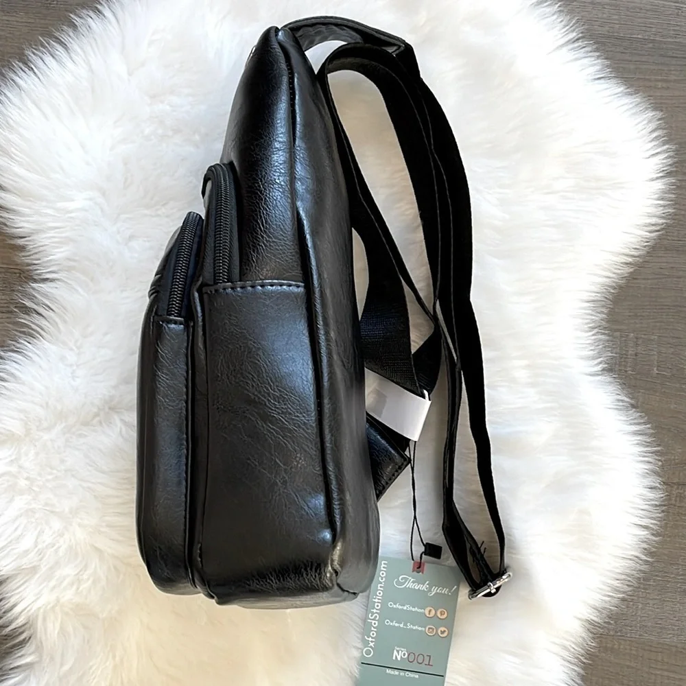 Oxford Station Vintage Style Unisex Crossbody Sling Bag Black Vegan Leather - Picture 5 of 12